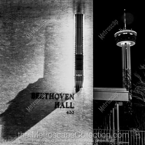 Framed Black and White Print of Beethoven Hall and the Tower of the Americas