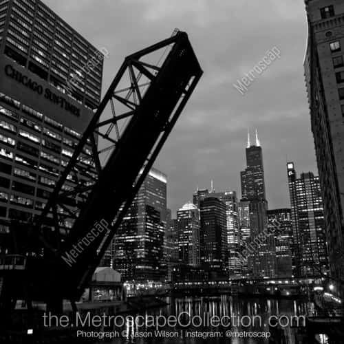 black and white chicago skyline. The Chicago Skyline from the Kinzie Street Bridge