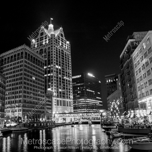 The Milwaukee Riverwalk featuring the 100 E. Wisconsin Building