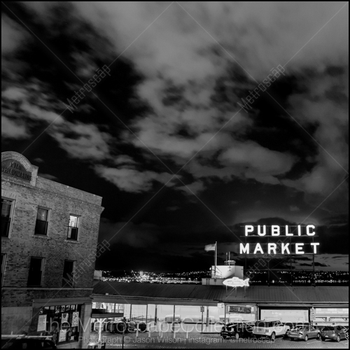 The Seattle Public Market Sign at Night