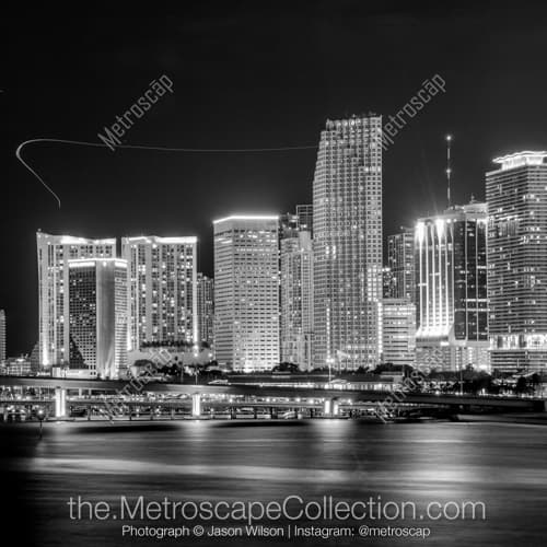 The Downtown Miami Skyline at Night with Helicopters