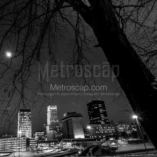 Matte Black MDF Framed Black and White Akron Photograph: The Akron Ohio Skyline at Night in a Square Matte Black MDF Frame