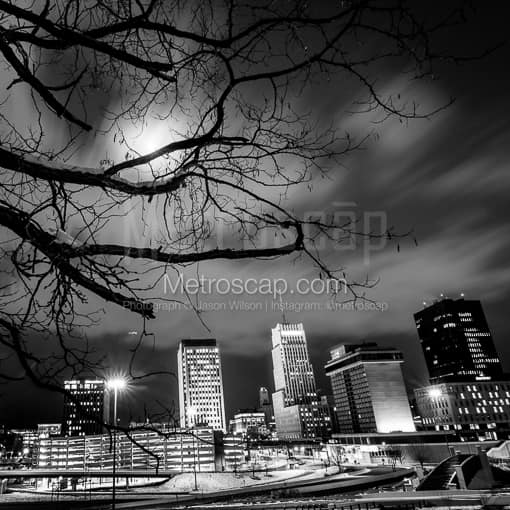 Matte Black MDF Framed Black and White Akron Photograph: The Akron Skyline from Glendale Park in a Square Matte Black MDF Frame