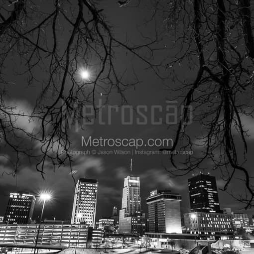 Matte Black MDF Framed Black and White Akron Photograph: The Akron Skyline Along the MLK Jr. Boulevard in a Square Matte Black MDF Frame