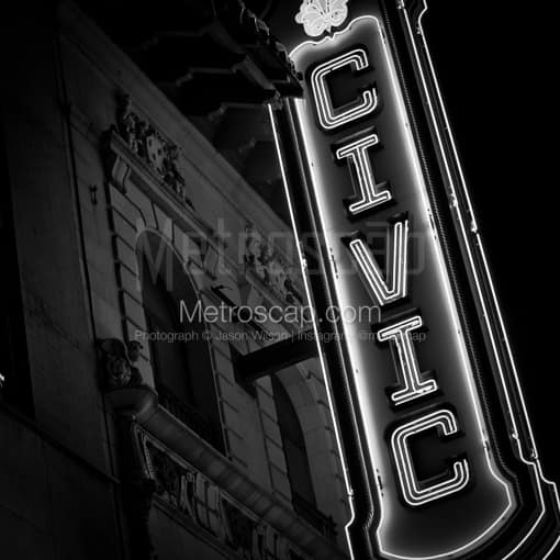 Matte Black MDF Framed Black and White Akron Photograph: The Akron Civic Theater Sign in a Square Matte Black MDF Frame