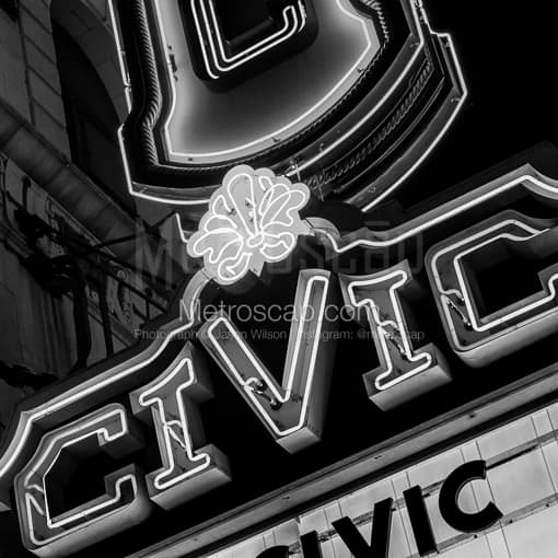 Matte Black MDF Framed Black and White Akron Photograph: Civic Theater Sign at Night in a Square Matte Black MDF Frame