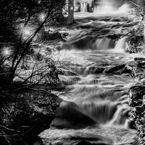 Matte Black MDF Framed Black and White Akron Photograph: Cuyahoga Falls at Night in a Square Matte Black MDF Frame