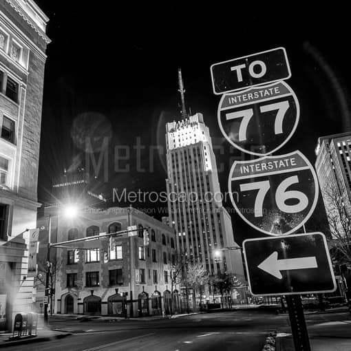 Matte Black MDF Framed Black and White Akron Photograph: Downtown Akron Ohio in a Square Matte Black MDF Frame