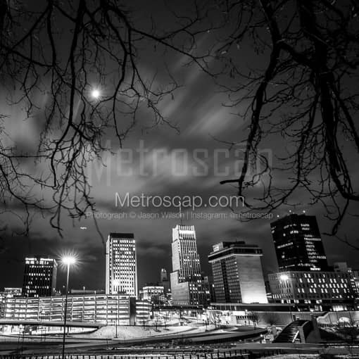 Matte Black MDF Framed Black and White Akron Photograph: The Downtown Akron Skyline at Night in a Square Matte Black MDF Frame