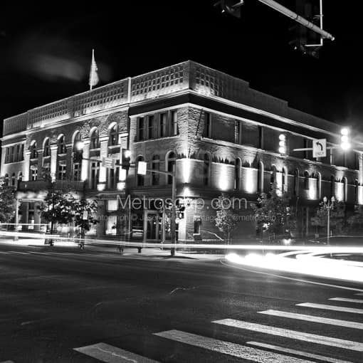 Matte Black MDF Framed Black and White Aspen Photograph: Aspen's Famous Hotel Jerome in a Square Matte Black MDF Frame