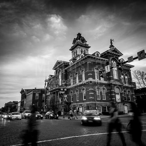 Matte Black MDF Framed Black and White Athens Photograph: The Athens County Courthouse in a Square Matte Black MDF Frame