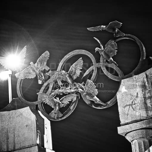 Matte Black MDF Framed Black and White Atlanta Photograph: The Olympic Rings in Atlanta in a Square Matte Black MDF Frame