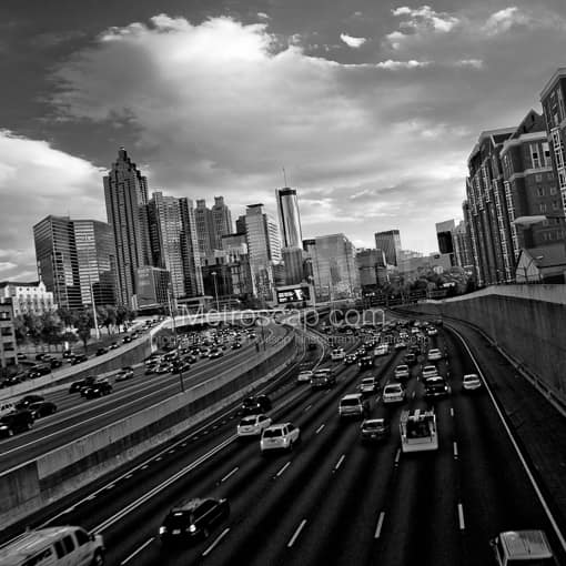 Matte Black MDF Framed Black and White Atlanta Photograph: The Atlanta Skyline at Rush Hour in a Square Matte Black MDF Frame