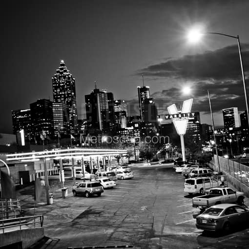 Matte Black MDF Framed Black and White Atlanta Photograph: The Atlanta Skyline from the Varsity in a Square Matte Black MDF Frame