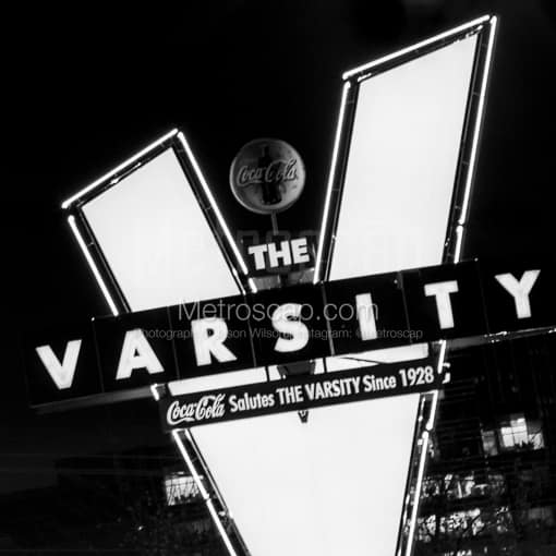 Matte Black MDF Framed Black and White Atlanta Photograph: The Varsity V Sign in a Square Matte Black MDF Frame