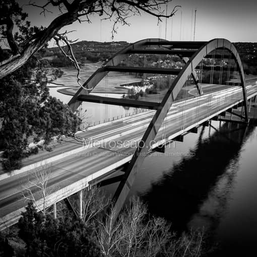 Matte Black MDF Framed Black and White Austin Photograph: The 360 Bridge in a Square Matte Black MDF Frame