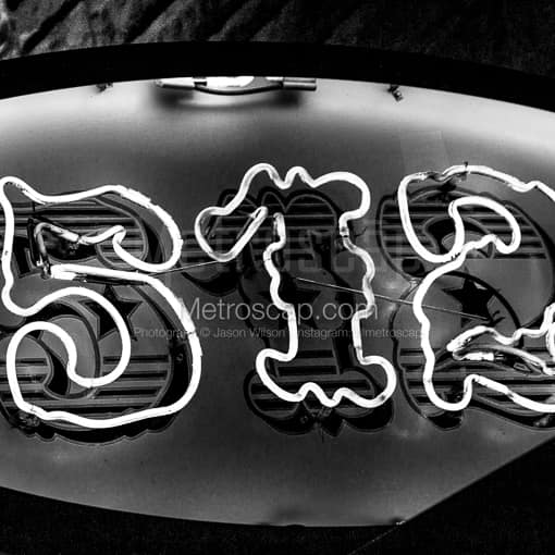 Matte Black MDF Framed Black and White Austin Photograph: The 512 Sign on Sixth in a Square Matte Black MDF Frame