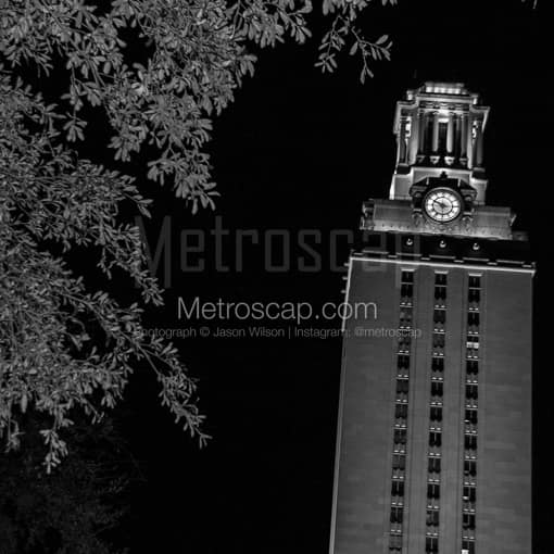 Matte Black MDF Framed Black and White Austin Photograph: The UT Tower at Night in a Square Matte Black MDF Frame