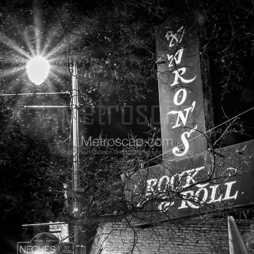 Matte Black MDF Framed Black and White Austin Photograph: Aarons Rock and Roll at Sixth and Neches in a Square Matte Black MDF Frame
