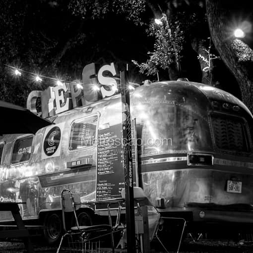Matte Black MDF Framed Black and White Austin Photograph: The Aluminium Airstream Crepes Mille on SoCo in a Square Matte Black MDF Frame