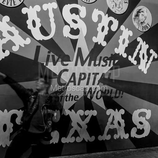Matte Black MDF Framed Black and White Austin Photograph: The Live Music Capital of the World Mural in a Square Matte Black MDF Frame