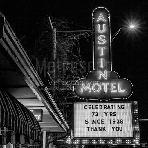 Matte Black MDF Framed Black and White Austin Photograph: The Austin Motel Sign in a Square Matte Black MDF Frame