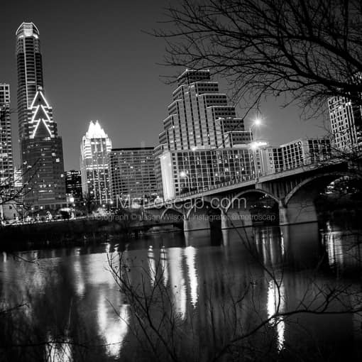 Matte Black MDF Framed Black and White Austin Photograph: The Austin Skyline and Congress Ave Bridge in a Square Matte Black MDF Frame