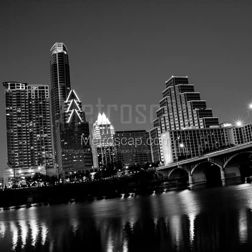 Matte Black MDF Framed Black and White Austin Photograph: The New Austin Skyline at Night on the Colorado in a Square Matte Black MDF Frame