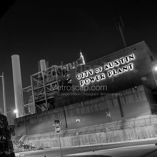 Matte Black MDF Framed Black and White Austin Photograph: The City of Austin Power Plant. in a Square Matte Black MDF Frame