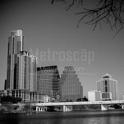 Matte Black MDF Framed Black and White Austin Photograph: The Austin Skyline in the Afternoon in a Square Matte Black MDF Frame