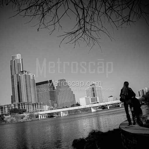 Matte Black MDF Framed Black and White Austin Photograph: A Couple Enjoys the Afternoon Austin Skyline in a Square Matte Black MDF Frame