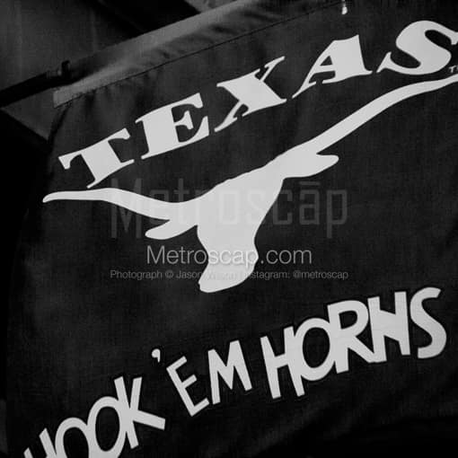 Matte Black MDF Framed Black and White Austin Photograph: A Hook Em Horns Banner on Sixth Street in a Square Matte Black MDF Frame