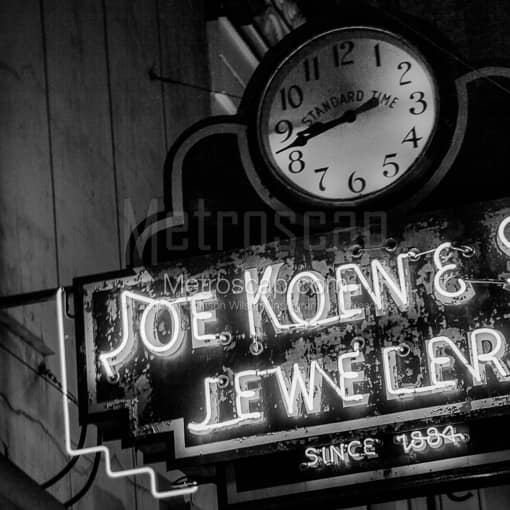 Matte Black MDF Framed Black and White Austin Photograph: The Joe Koew and Sons Jewelers Neon Sign in a Square Matte Black MDF Frame