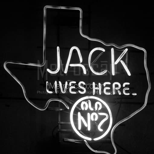 Matte Black MDF Framed Black and White Austin Photograph: A Neon Outline of Texas and Jack Daniels in a Square Matte Black MDF Frame