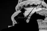 Texas Ranger Statue With Texas Statehouse Behind Black and White Horizontal Texas Ranger Statue With Texas Statehouse Behind black and white