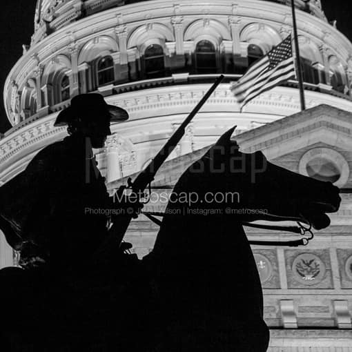 Matte Black MDF Framed Black and White Austin Photograph: A Texas Ranger Silhouetted Against the Texas Statehouse in a Square Matte Black MDF Frame