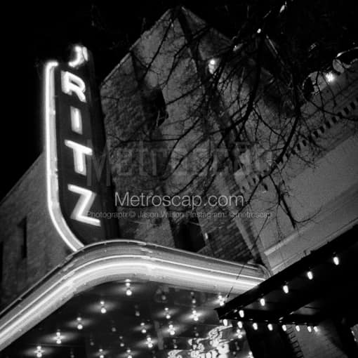 Matte Black MDF Framed Black and White Austin Photograph: The Ritz on Sixth in a Square Matte Black MDF Frame