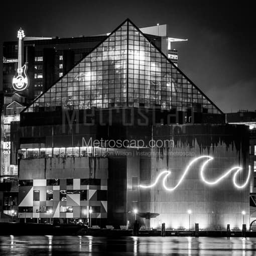 Matte Black MDF Framed Black and White Baltimore Photograph: The Baltimore Aquarium in a Square Matte Black MDF Frame