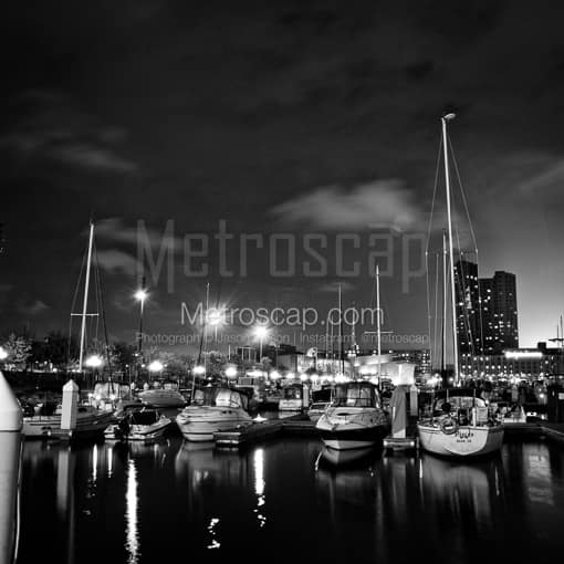 Matte Black MDF Framed Black and White Baltimore Photograph: Boats Docked on the Inner Harbor in a Square Matte Black MDF Frame