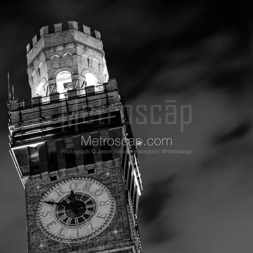 Matte Black MDF Framed Black and White Baltimore Photograph: The Bromo Seltzer Tower on the campus of Maryland University in a Square Matte Black MDF Frame