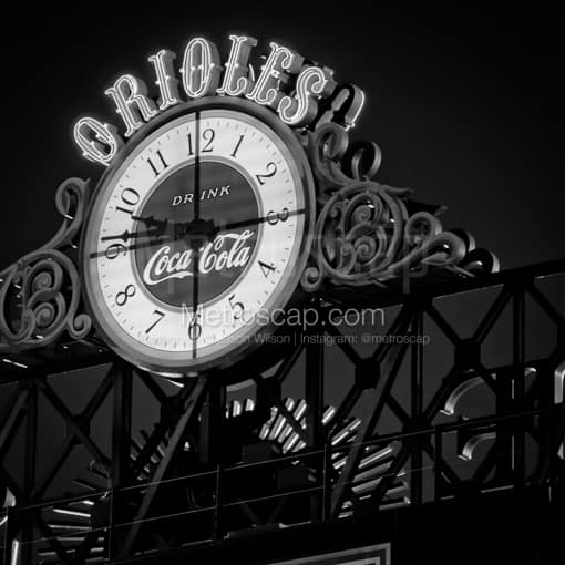 Matte Black MDF Framed Black and White Baltimore Photograph: The Clock Behind The Camden Yards Score Board in a Square Matte Black MDF Frame