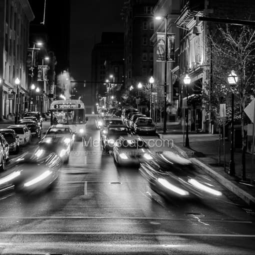 Matte Black MDF Framed Black and White Baltimore Photograph: Charles St. in Downtown Baltimore at the Washington Monument Split in a Square Matte Black MDF Frame