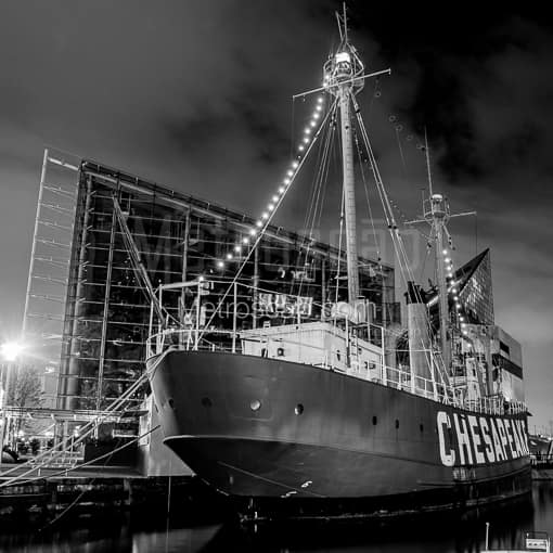 Matte Black MDF Framed Black and White Baltimore Photograph: The Chesapeake Lightship on the Inner Harbor in a Square Matte Black MDF Frame