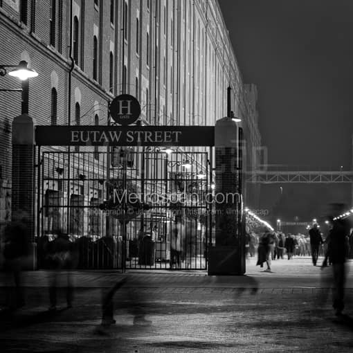 Matte Black MDF Framed Black and White Baltimore Photograph: Eutaw Street Behind Oriole Park at Camden Yards in a Square Matte Black MDF Frame