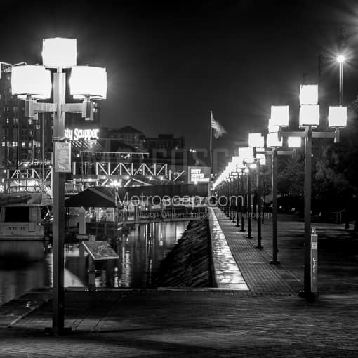 Matte Black MDF Framed Black and White Baltimore Photograph: Geometric Lamps Line the Inner Harbor in a Square Matte Black MDF Frame