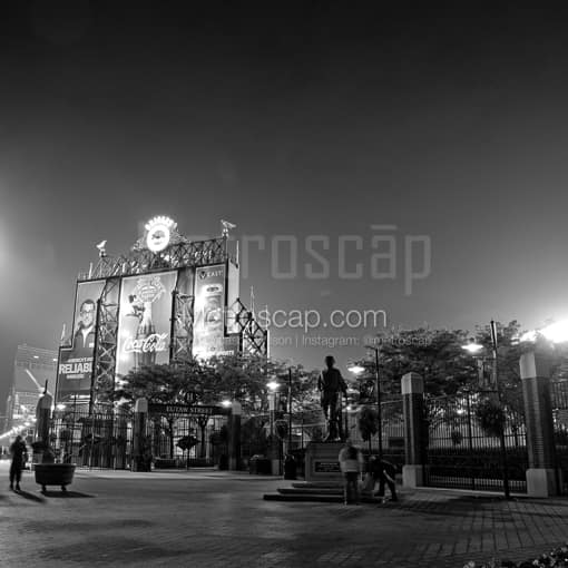 Matte Black MDF Framed Black and White Baltimore Photograph: A view of Oriole Park at Camden Yards from Eutaw Street in a Square Matte Black MDF Frame