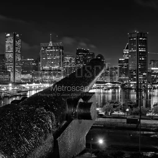 Matte Black MDF Framed Black and White Baltimore Photograph: A Revolutionary War Cannon Aimed at Downtown Balitmore in a Square Matte Black MDF Frame