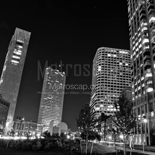 Matte Black MDF Framed Black and White Boston Photograph: The Boston Financial District in a Square Matte Black MDF Frame