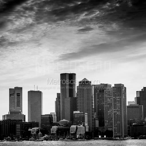 Matte Black MDF Framed Black and White Boston Photograph: The Boston Skyline at Dusk in a Square Matte Black MDF Frame