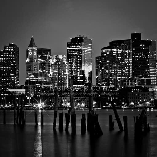 Matte Black MDF Framed Black and White Boston Photograph: The Boston Skyline at Dusk in a Square Matte Black MDF Frame
